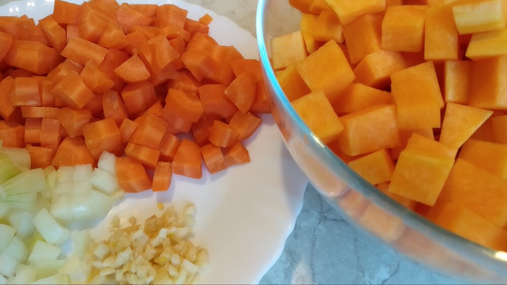 chopped carrots, onions and pumpkin - pumpkin soup recipe