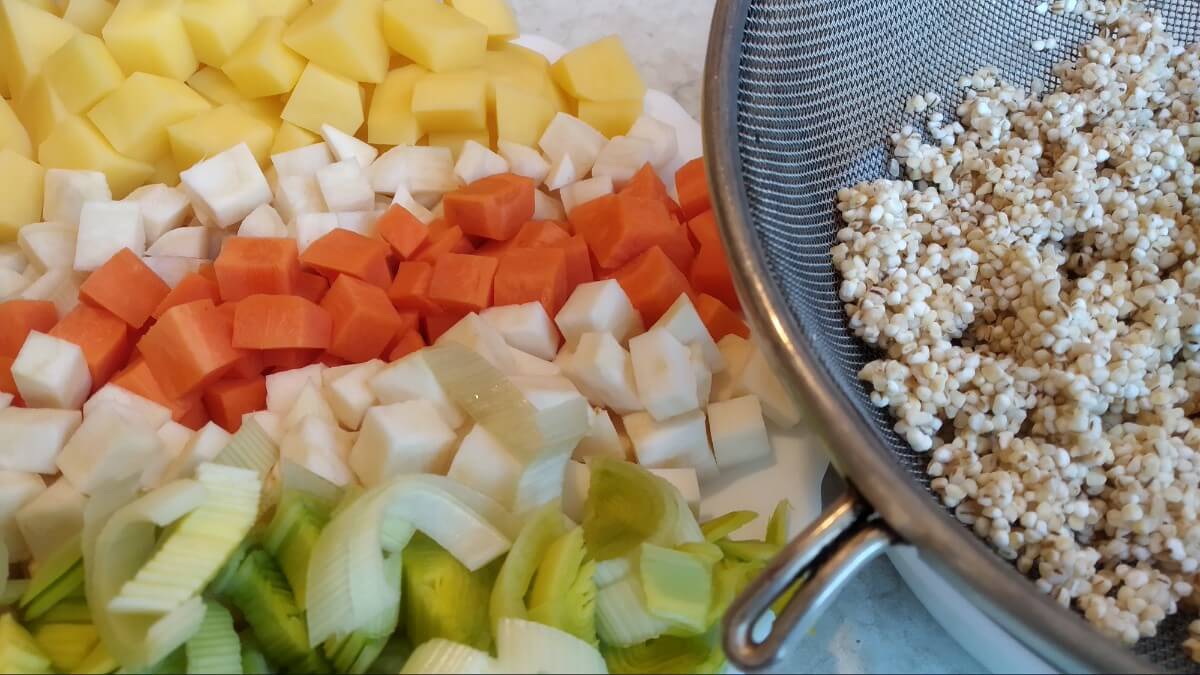 chopped vegetables and pearl barley - ingredients for polish soup krupnik