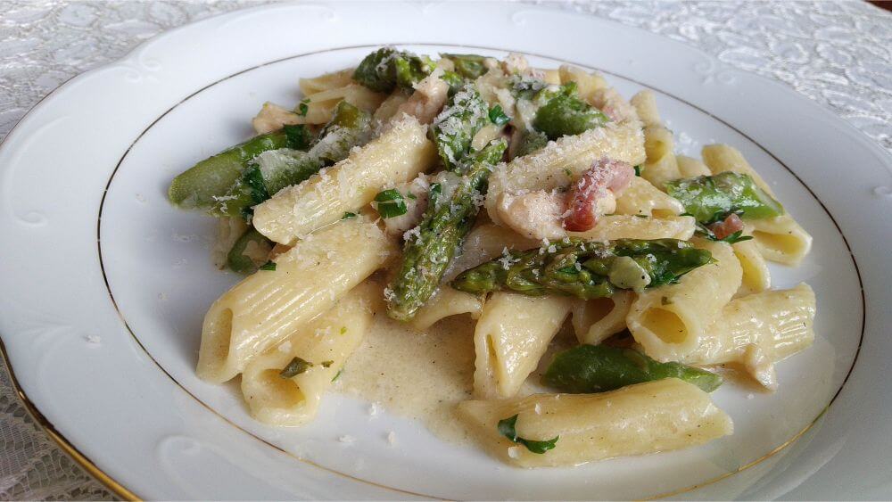 recipe for penne with bacon, chicken and asparagus - instant pot club