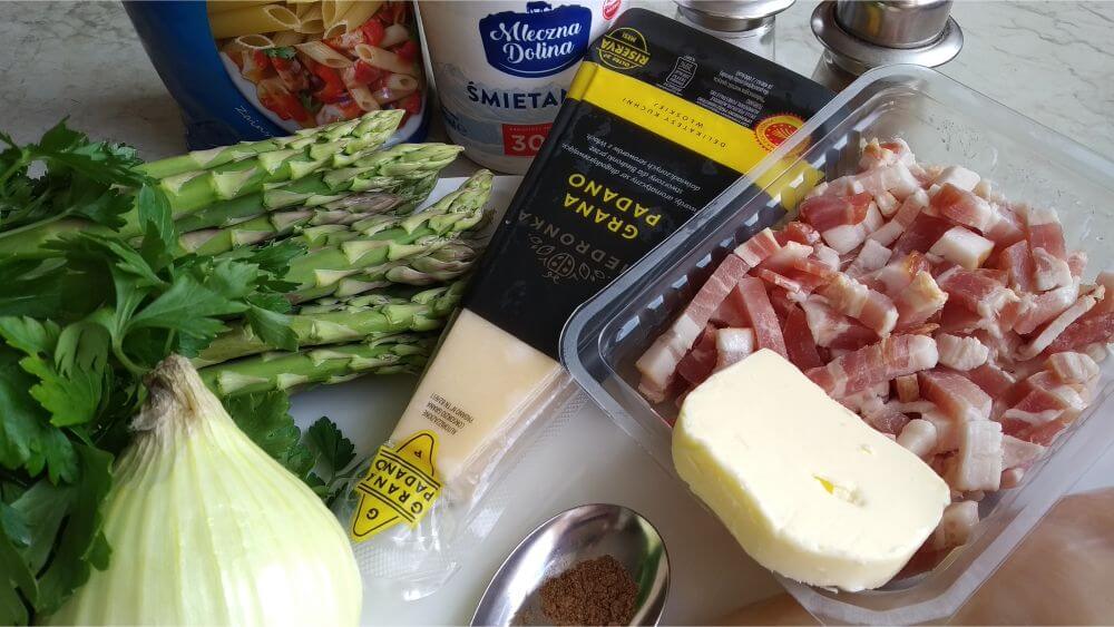 ingredients for penne with chicken, bacon and asparagus - instant pot club