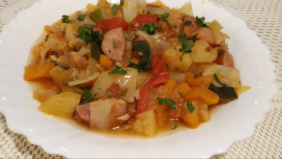 recipe for a casserole with vegetables and sausages