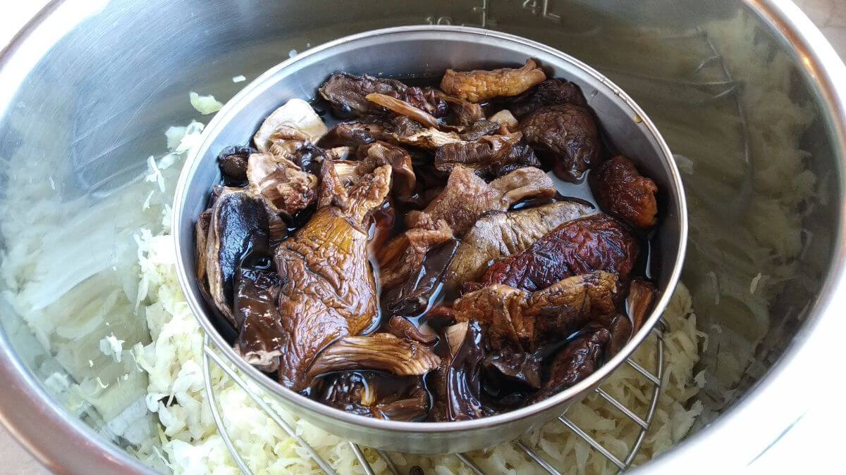 wild mushroom in water and inside instant pot
