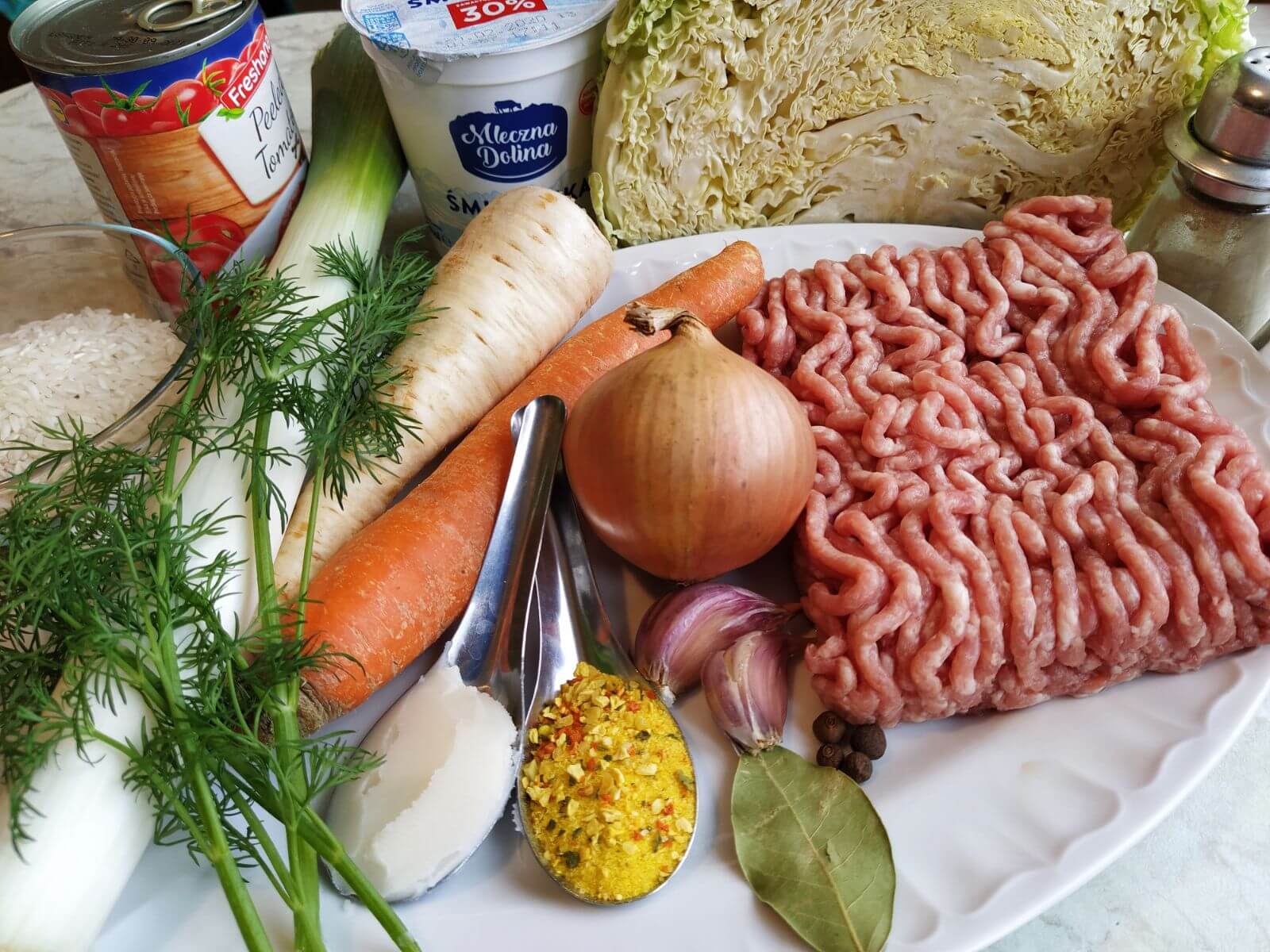ingredients for polish cabbage soup with minced meat
